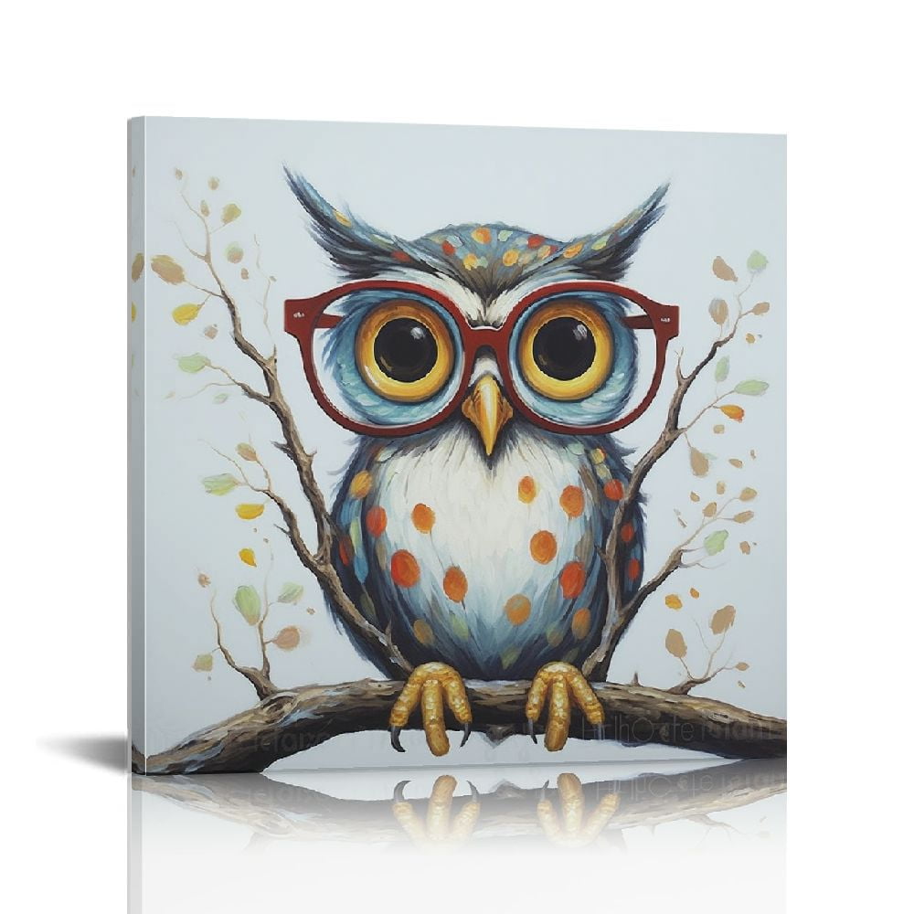 ONETECH Owl with Glasses Funny Animal Picture Canvas Wall Art Hand ...