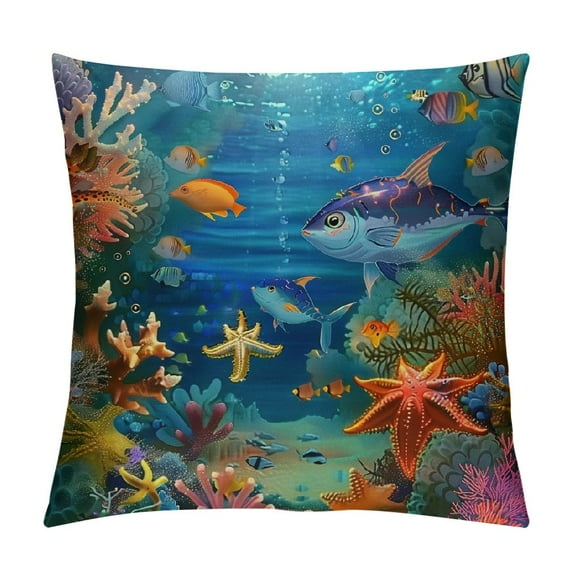 ONETECH Pattern Throw Pillow Case Blue Ocean Tropical Fish Pillow Cushion Cover Home Sofa Decorative