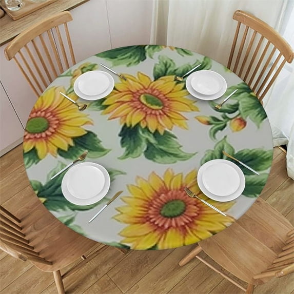 ONETECH . Patterned Fitted Table Cover with Soft Flannel Backing and Durable Wipe-Clean Construction, Sunflower, Round