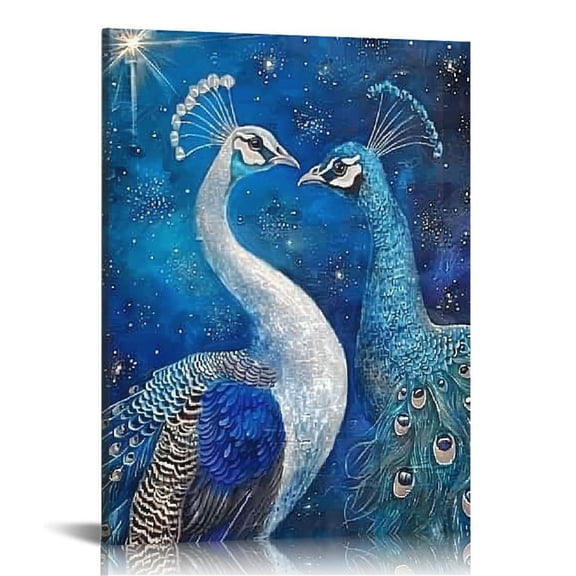 ONETECH Peacock Canvas Wall Art Blue and White Peacock Couple Pictures Elegant Animal Prints Romantic Kiss Artwork for Living Room Bedroom Wall Decor Ready to Hang