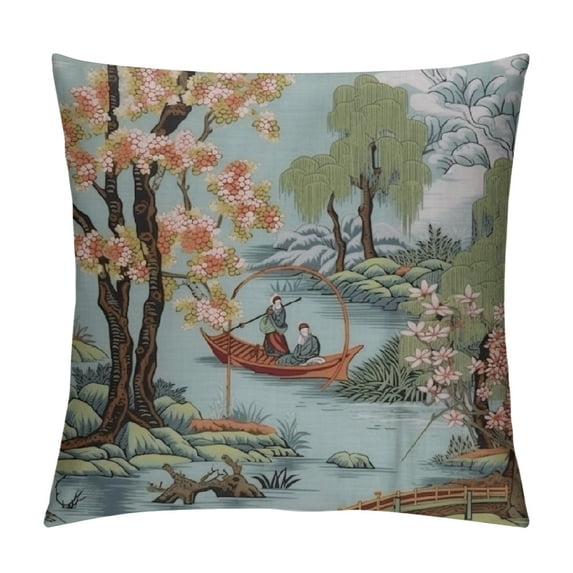 FUMJ  Pillow Cover Asian Scenic Coral Green Blue Throw Pillows Farmhouse Decorative Pillowcase Cushion Cover for Home Sofa Bedroom Outdoor