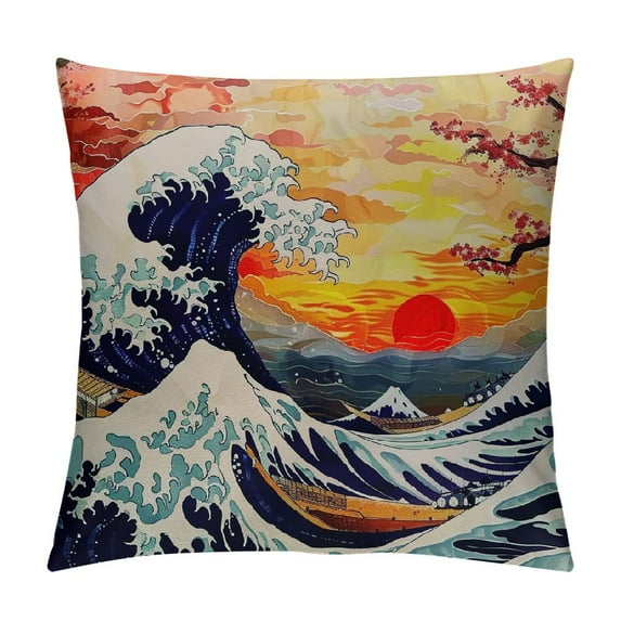ONETECH Pillow Cover Japanese Sakura Traditional Oriental The Great Wave of Kanagawa Throw Pillow Decor for Livingroom Couch Bed Decorative Gift