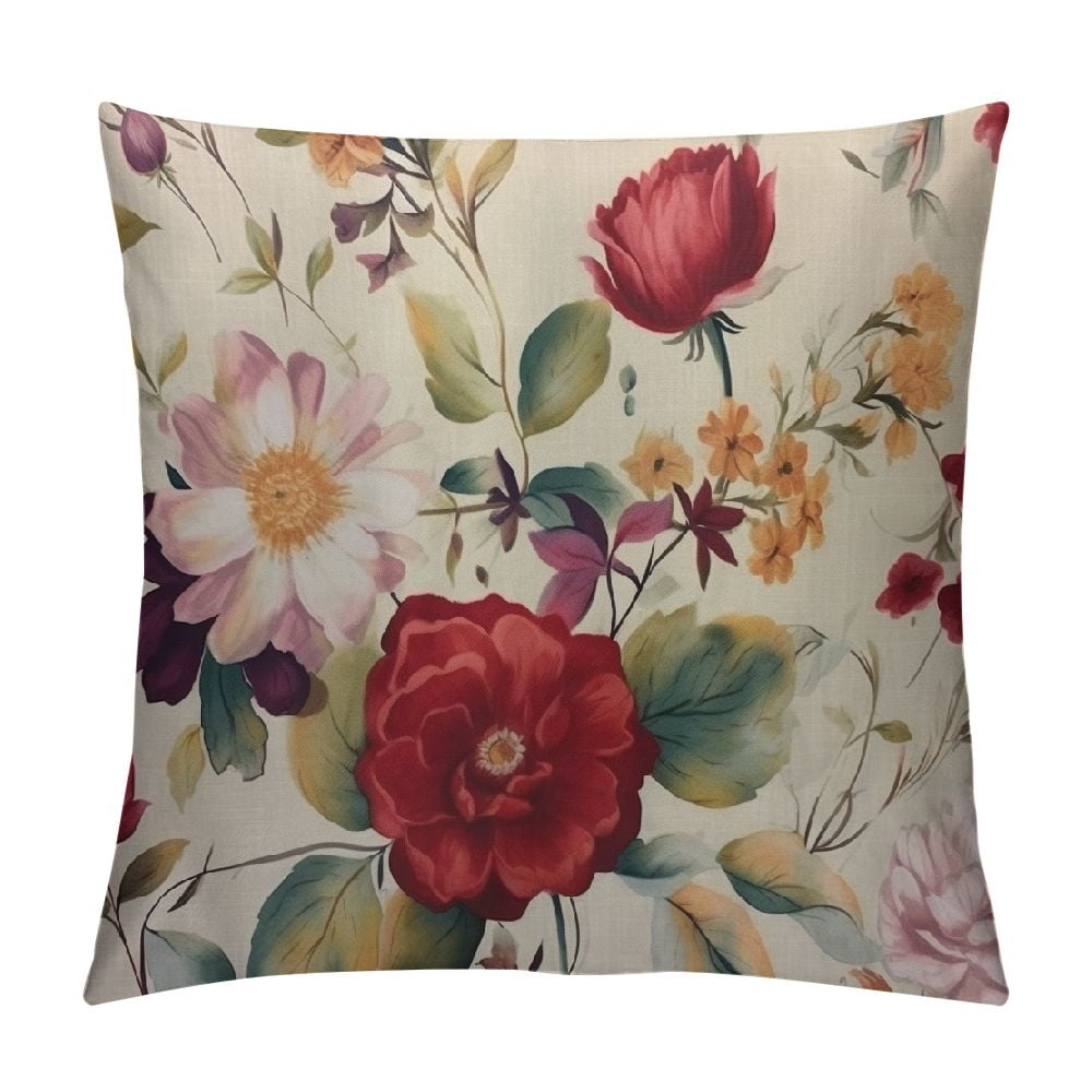 Pillow Cover Roses, Vintage Gold Burgundy Flowers Leaves