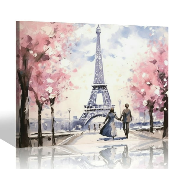 ONETECH Pink Abstract Paris Canvas Wall Art Romance Couple Sakura Blossoming Eiffel Tower Picture Canvas Prints Wall Art Gallery Wrapped Picture for Living Room Woman Bedroom