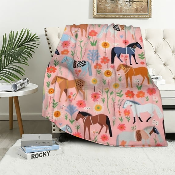 ONETECH Pink Cartoon Horse Blanket Cartoon Throw Blanket for Couch, Kids Plush Fleece Blanket Super Cozy Soft Flannel Blanket Decorative Fuzzy Throws