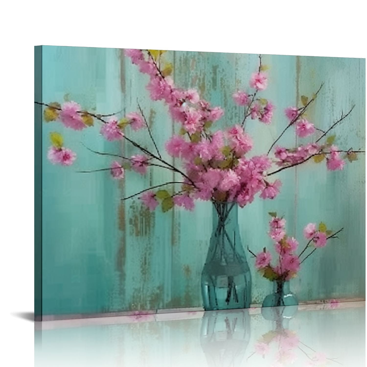ONETECH Pink Flower Canvas Wall Art Florals Abstract Picture Teal ...