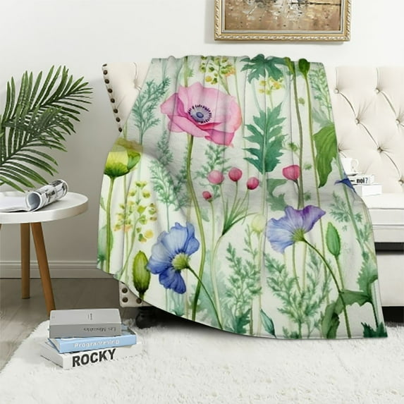 ONETECH Pink Poppy Sherpa Blanket Poppy Floral Throw Blanket for Sofa Couch Bed Botanical Floral Printed Plush Blanket Ultra Soft Decor Colorful Wild Flowers Fuzzy Blanket Throw