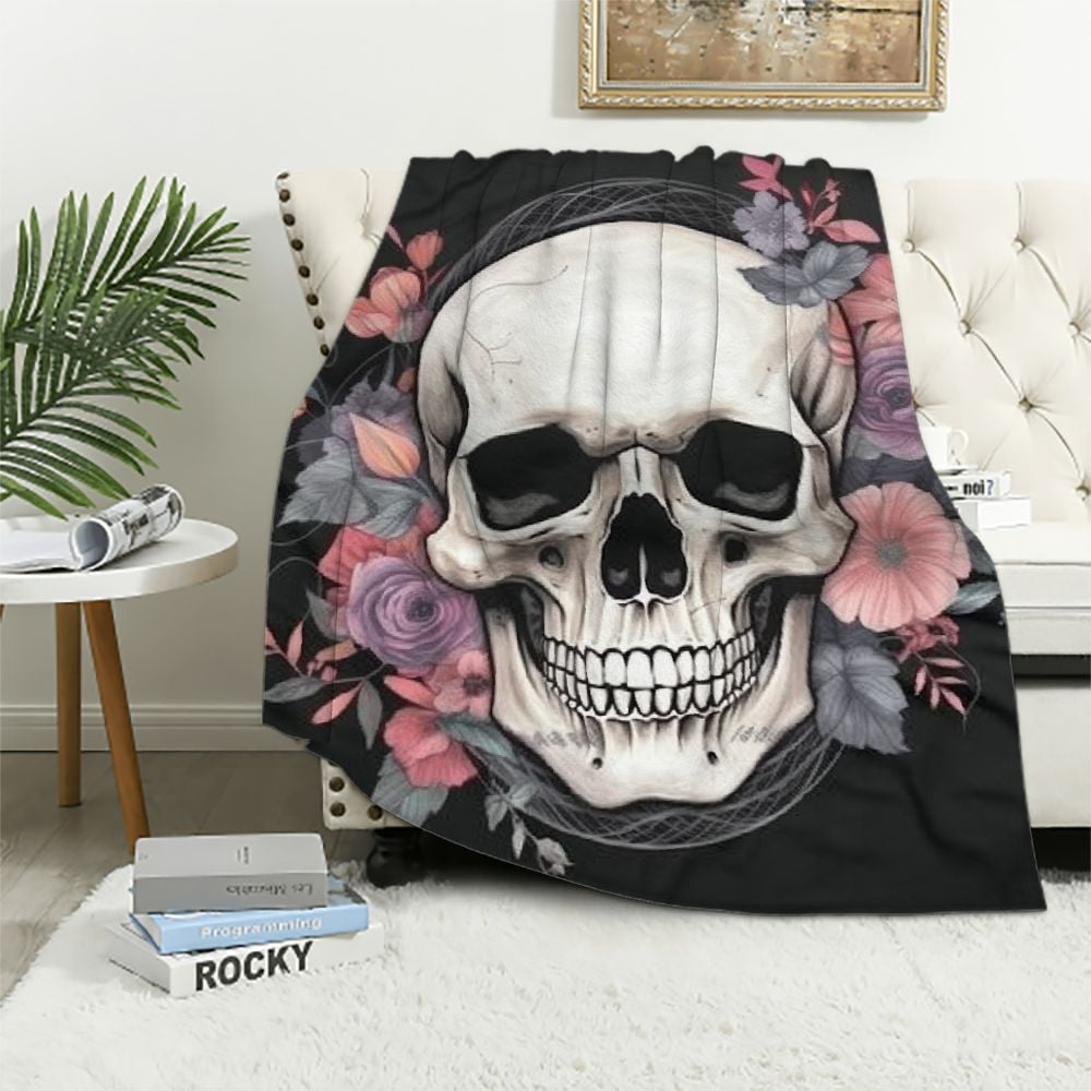 Plush Roses Throw ONETECH Pink Rose and Skull Throw Blanket Plush Flannel Bed Sofa Couch ...