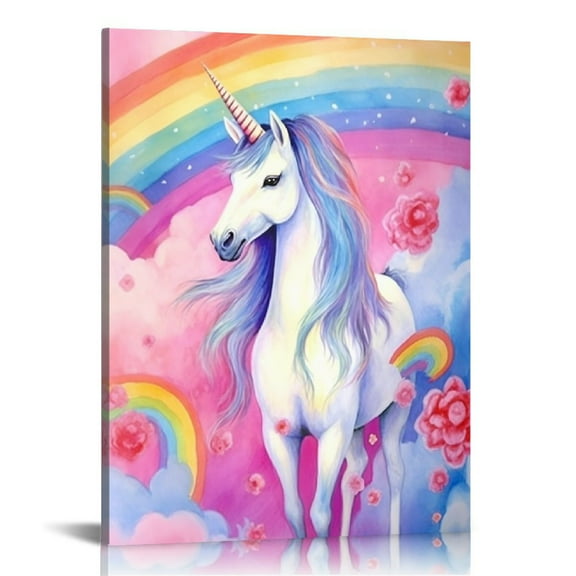 ONETECH Pink Unicorn Love Heart Canvas Wall Art Pictures Colorful Rainbow Cloud Prints Wall Decor Artwork Painting Framed for Kids Girls Bedroom 16x20 in