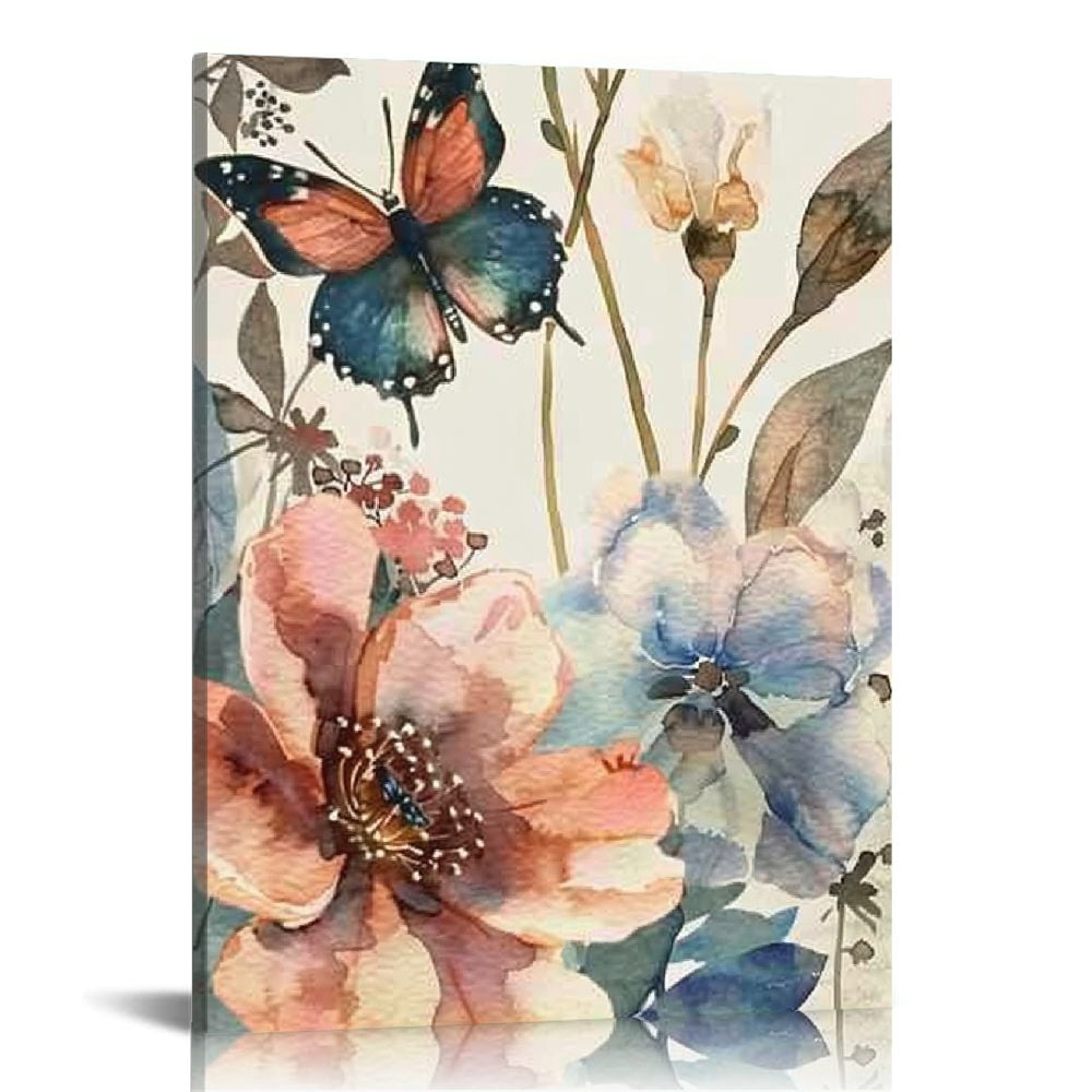 ONETECH Pink Wall Art Floral Peony Decor Butterfly Art Blossom Flower ...