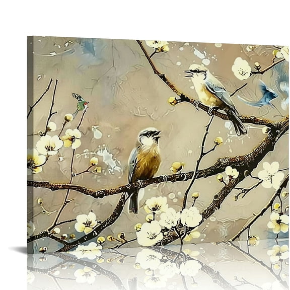 ONETECH Plum Blossoms Flower Wall Art Canvas Vintage Brown Yellow Floral Traditional Chinese Print Framed Modern Wall Picture for Home Living Room Bedroom Decor
