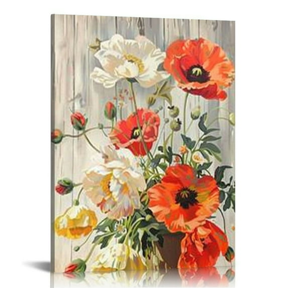 ONETECH Poppy Flower Canvas Wall Art Red Floral Picture Print Rustic Poppies Painting Poster Large Living Room Decor Frame 16x20 in