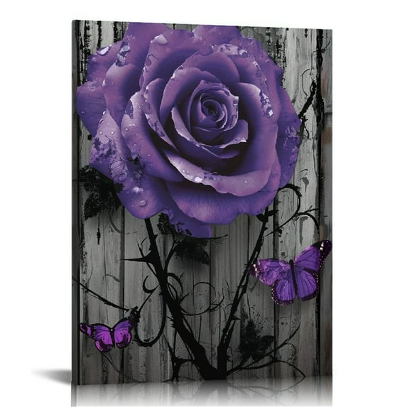 ONETECH Purple Flower Canvas Wall Art for Bathroom Purple Rose Poster Prints Rustic Purple Flowers Painting for Kithcen Home Decor Purple Rose Flowers and Butterfly Pictures