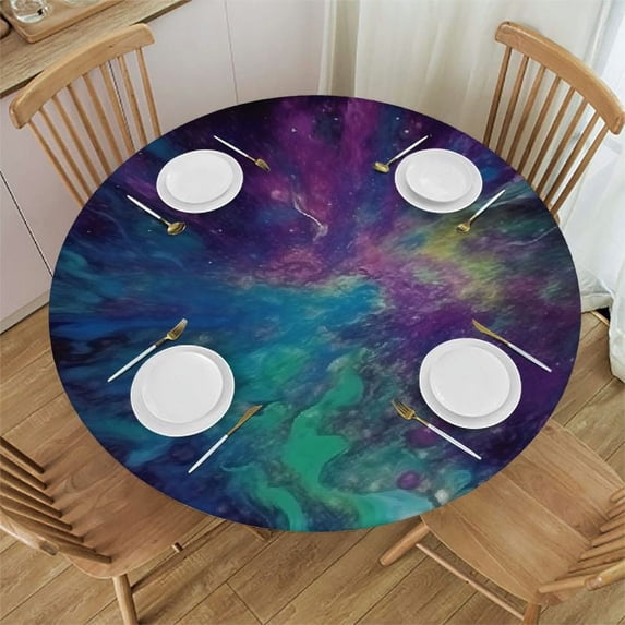 ONETECH Purple Teal Turquoise Galaxy Nebulous Round Tablecloth Washable Reusable Table Cover Stain-Resistant for Kitchen Dinning Party Holiday Picnic