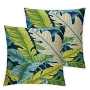 ONETECH RSH Décor Set of 2 Indoor Outdoor Throw Pillows Balmoral Opal Kiwi Green Cancun Blue Bright Tropical Palm Leaf
