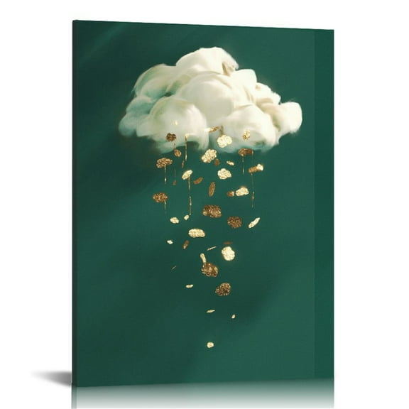 ONETECH Rain Canvas Wall Art Cloud Print Poster Gold White Green Wall Decor Gold Abstract Paintings Gold Foil Pictures Rain Clouds Wall Art Gold Green And White Paintings Gold 12x16 in