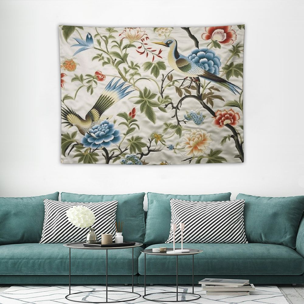 RedCrowned Crane Wall Tapestry, Boho Floral Wall Hangings