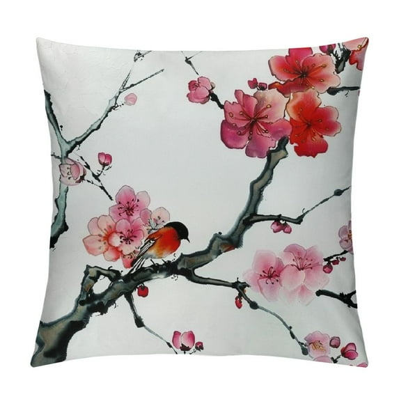 FUMJ  Red Japanese Cherry Blossom Pillow Covers,Watercolor Throw Pillow Cases Square Pillowcases for Home Decorative Living Room Sofa Bedroom Outdoor