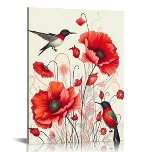 ONETECH  Red Poppy Picture Prints on Canvas Hummingbird with Flower Painting Wall Art Retro Flower Artwork Home Dining Room Bedroom Bathroom Framed Ready to Hang