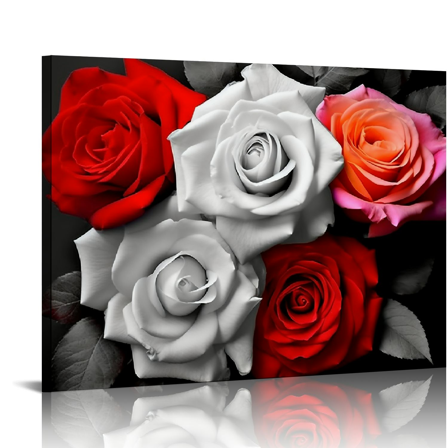 ONETECH Red Roses Flower On Black And White Canvas Wall Art Giclee ...
