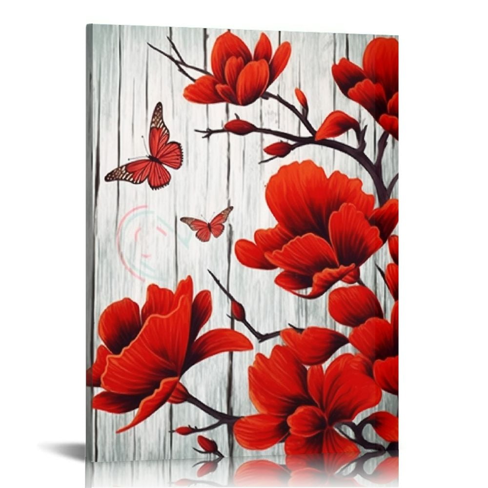 WENZZ Red Wall Decor Abstract Flowers and Butterfly Painting Decor