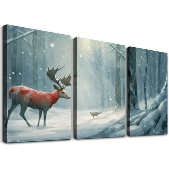 ONETECH Reindeer and Cardinal Wall Art, Cute Christmas Artwork, Snowy Winter Forest, Scenic Nature, Premium Gallery Wrapped Canvas Decor, Ready to Hang, 12''x16''X3 Panels