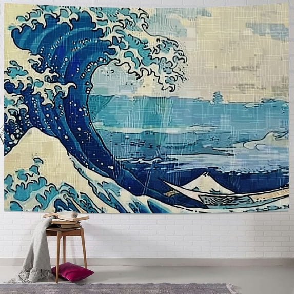 ONETECH Retro Ocean Tapestry Wall Hanging, Vintage Blue Watercolor Ocean Waves Wall Art Tapestries, Japanese Anime Sea Wave Wall Decor Indian Tapestry for Bedroom Aesthetic Home Dorm, Wall Blacket