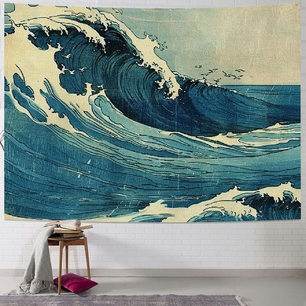 Retro Ocean Tapestry Wall Hanging, Vintage Blue Watercolor