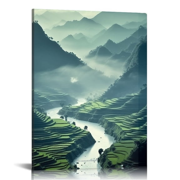 ONETECH Rice Terraces Wall Art, Tropical Panorama Canvas Print, Paddy Rice Field Terrace Large Wall Art Canvas Print, Stunning Landscape Art 12\x16\