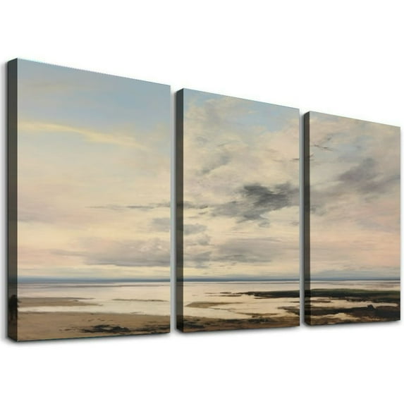ONETECH Rolled Vintage Farmhouse French Country Bedroom Wall Decor Above Bed Horizontal Wall Art Over the Bed - Panoramic Seascape Picture - Canvas Painting Long Poster 12''x16''X3 Panels