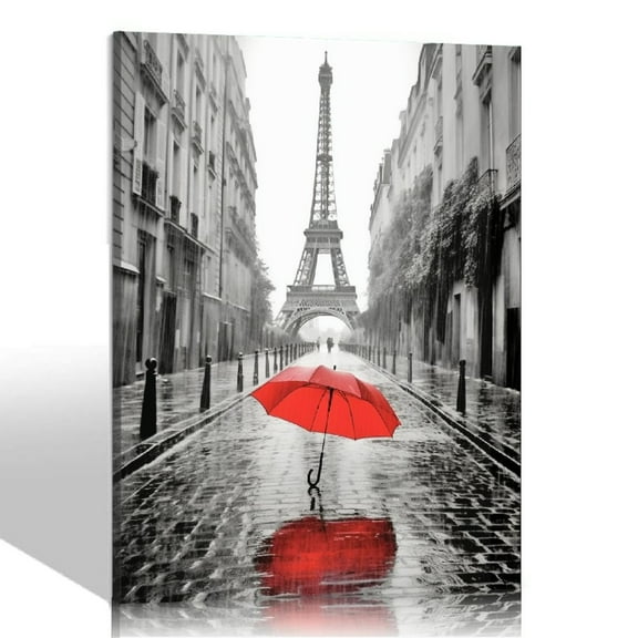 ONETECH Romantic Paris Street Black And White Contemporary Wall Art Eiffel Tower Red Umbrella Framed Artwork Decorations For Living Room Office Bedroom Decor(12" x 16")