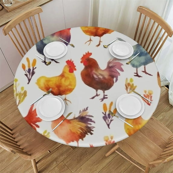 ONETECH Rooster Hens Round Tablecloth with Elastic Edge Fitted Chicken Table Cover Waterproof Table Cloths Indoor Outdoor Modern Tables Decoration for Dining Table,Picnic,Party