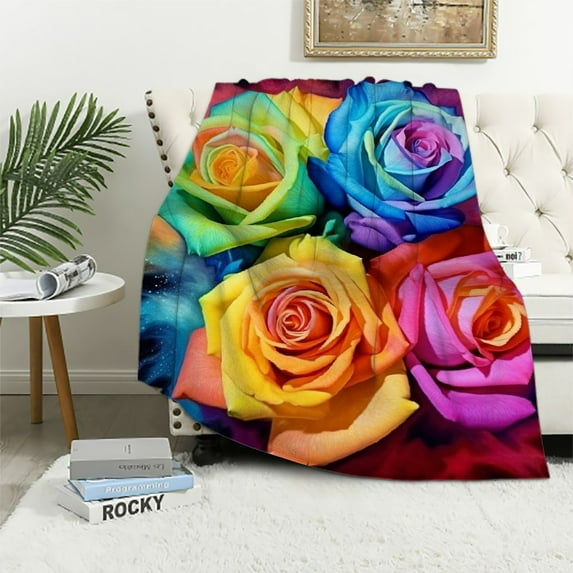 ONETECH  Rose Flower Rainbow Blanket Colorful Print Comfort Soft Warm Throw Blanket for Sofa Chair Bed Office Travelling Camping Gift