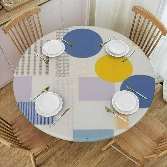 ONETECH Round Fitted Table cover Mid Century Modern Geometry Table Cover with Elastic Edge Abstract Circles Daily Table Cloth Card Table Topper for Home Kitchen Dining