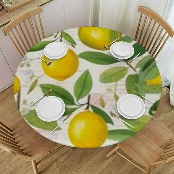 ONETECH  Round Table Cloth Vintage Lemon Flower and Leaves Tablecloth Elastic Edge Fitted Table Cover Up to Diameter