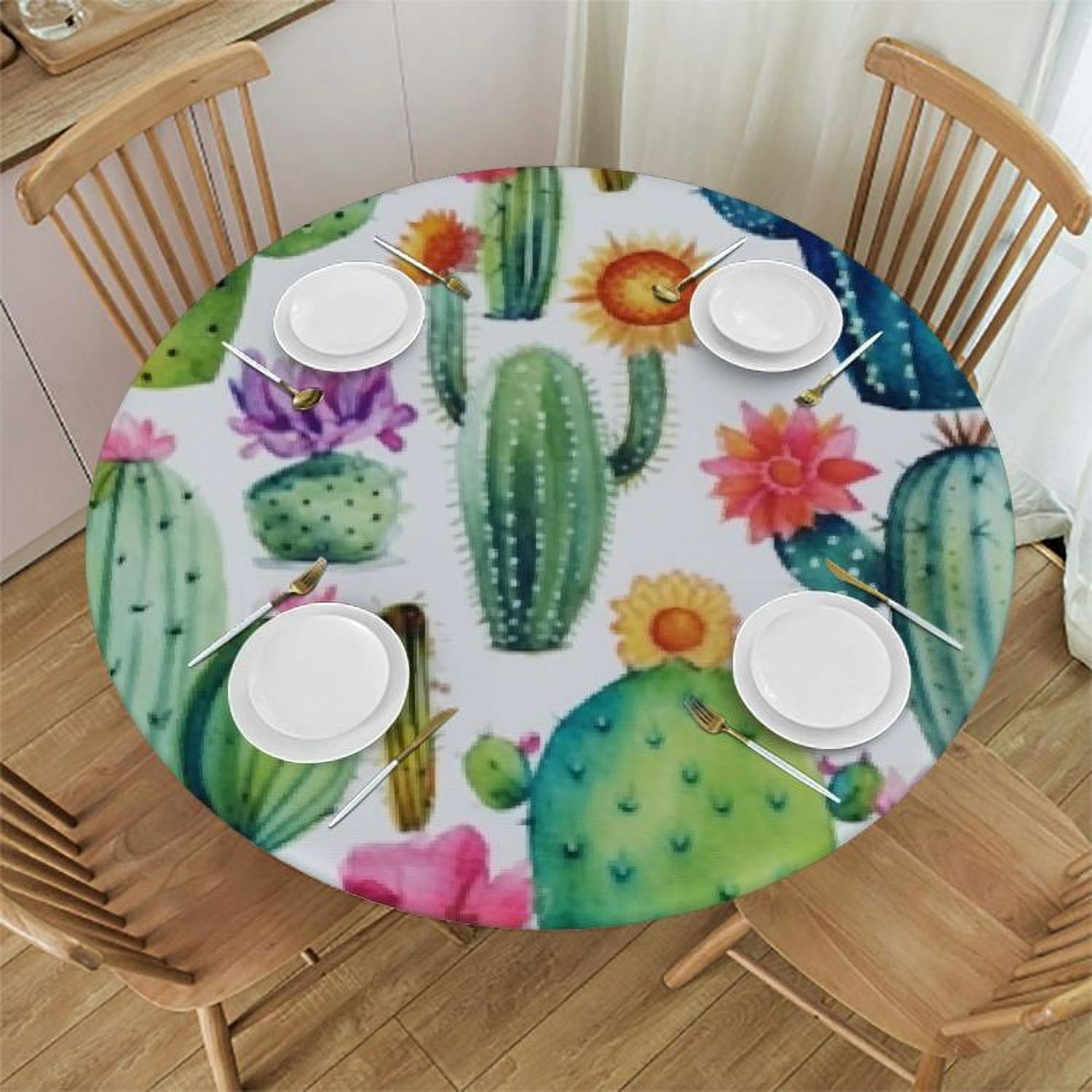 Round Table Cloth Watercolor Cactus Flower Tablecloth Elastic