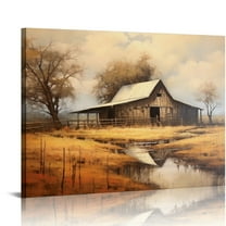 ONETECH Rustic Canvas Wall Art Old Barn Textured Painting Vintage Farmhouse Wall Decor Pictures For Living Room  20x16in