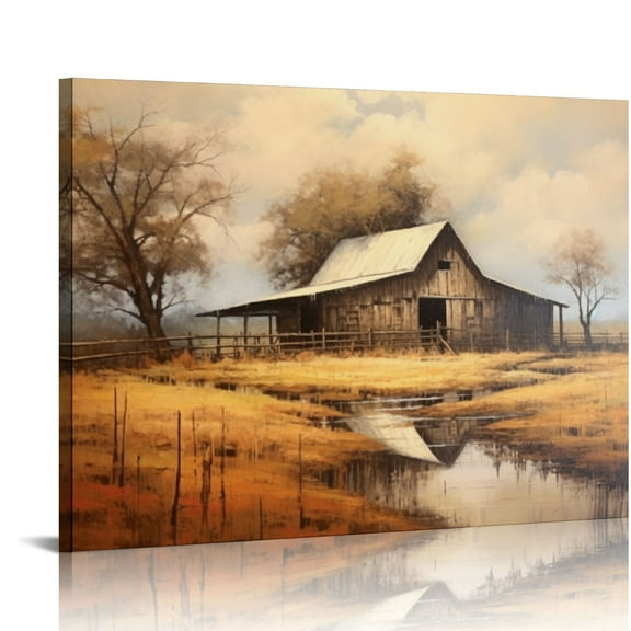 ONETECH Rustic Canvas Wall Art Old Barn Textured Painting Vintage Farmhouse Wall Decor Pictures For Living Room  20x16in