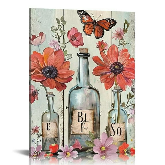 ONETECH Rustic Farmhouse Bathroom Wall Art Vintage Flowers Theme Painting Mason Jar Wall Decor Relax Soak Unwind Poster Rustic Canvas Wall Art Prints Pictures for Bedroom Living Room Home Decor