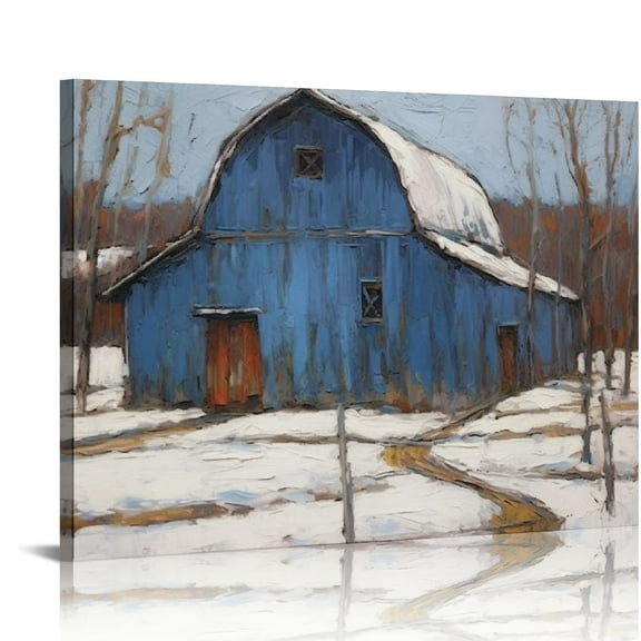 ONETECH Rustic Farmhouse Wall Art Blue Barn Wall Decor Bathroom Oil Painting Poster Country Barn Canvas Prints Farm Old Barn Wall Art for Bedroom Living Dining Room 16x12 Inch