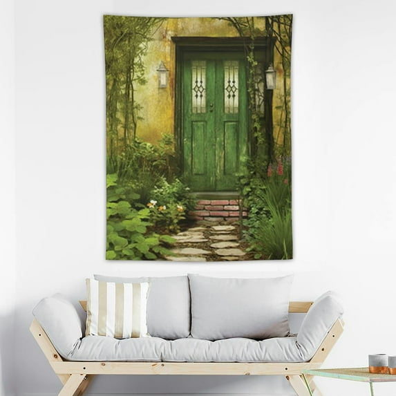 ONETECH  Rustic Tapestry, Cottage Door Overgrown Bushes Grass Tree Garden Brick Countryside, Wall Hanging for Bedroom Living Room Dorm, Green Ivory Yellow