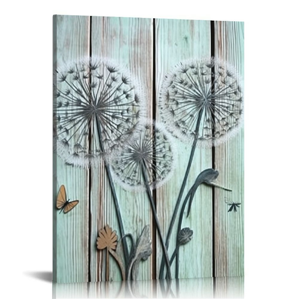 ONETECH Rustic Teal Dandelion Butterflies Canvas Wall Art Prints Rustic ...