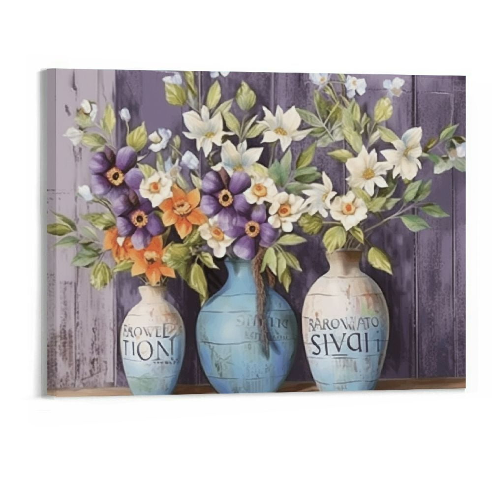 Rustic Wall Art Canvas Flowers in Purple Vase with