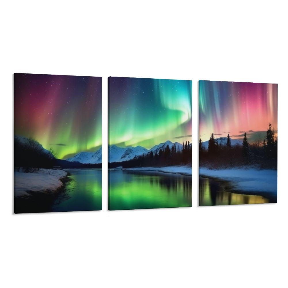 Aurora Borealis Landscape Canvas Wall Art Set for Nursery 12" x 16"