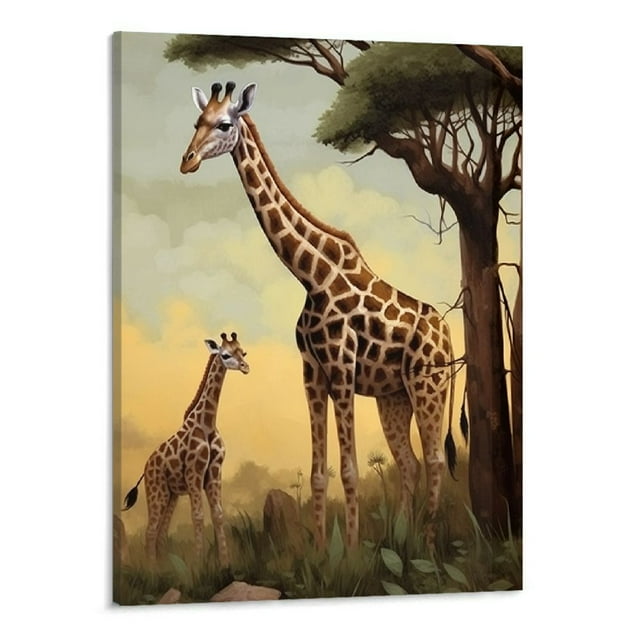 Safari Wall Art Mom and Baby Giraffe and Elephant Canvas