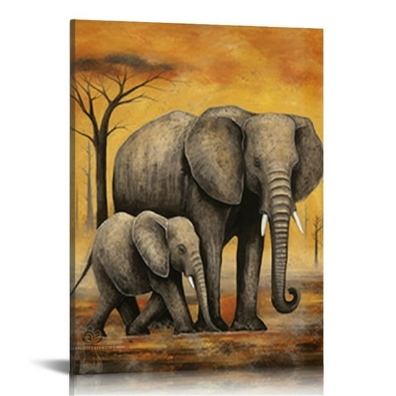 ONETECH  Safari Wall Art Mom and Giraffe and Elephant Canvas Painting Stretched and Framed Africa Animal Artwork for Home Office Wall Decor