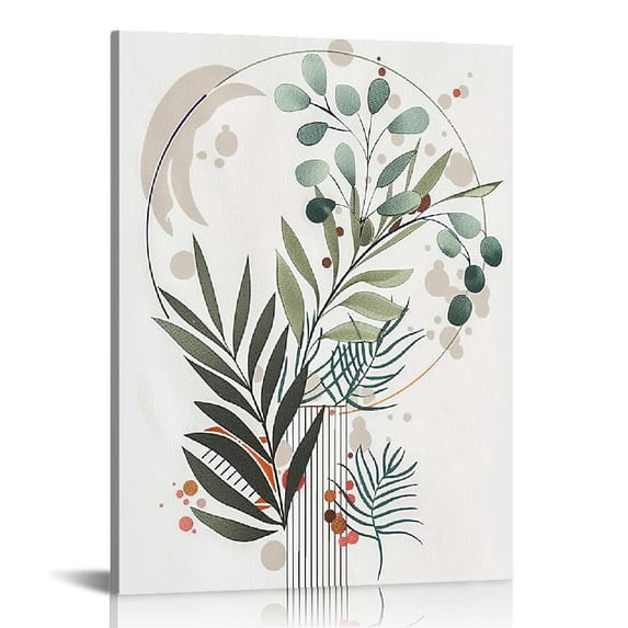 ONETECH Sage Green Framed Wall Art , Minimalist Boho Wall Art Decor Geometric Line Leaf Sun Moon Beige Green Canvas Artwork, Abstract Botanical Boho Room Decor, Green Wall Posters Prints for 12x16 in