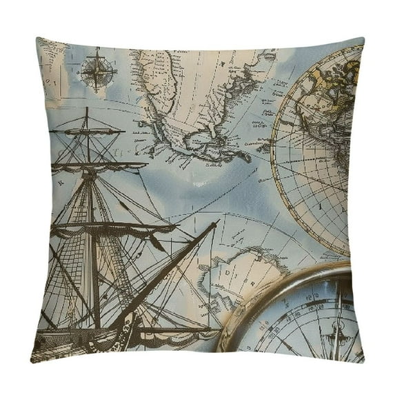 ONETECH Sea Map Compass Throw Pillow Cover Cases World Boat Sailing Ship Sailboat Travel History Journey Ocean Outdoor Decor Pillowcase Home Square Pillow Slip