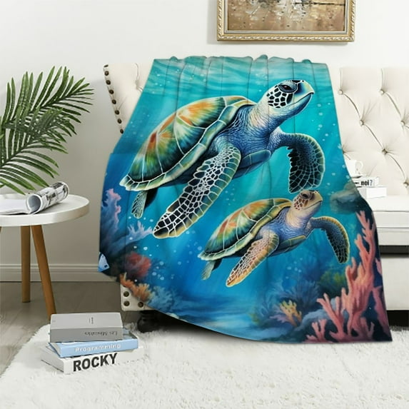 ONETECH Sea Turtle Throw Blanket, Flannel Cute Sea Turtles Themed Colorful Throw, Soft Lap Nap Throw Blanket for Home Boys Girls Women Sea Turtle Lovers Gifts
