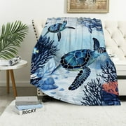 ONETECH  Sea Turtle Throw Blanket Underwater World Sea Turtle Sea Grass Natural Watercolor Style Plush Sherpa Blanket Cozy Fluffy Blanket Sea Turtle Gifts…